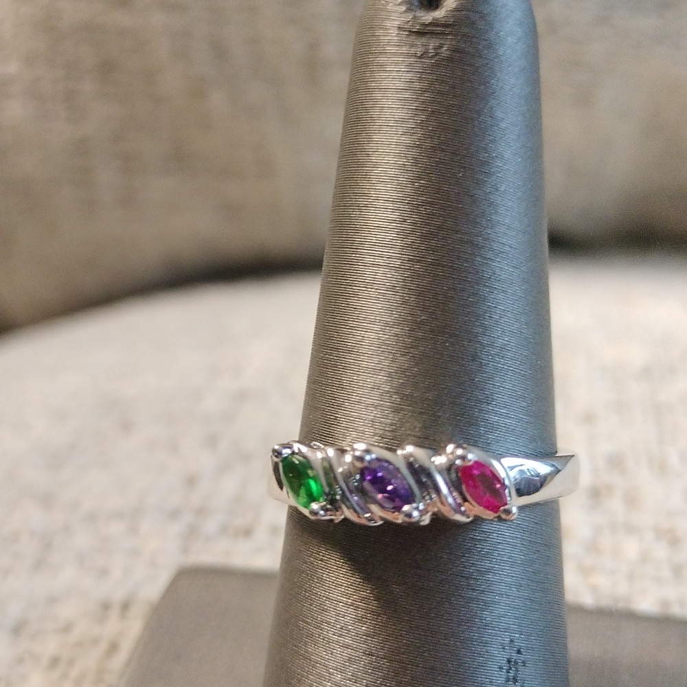 Silvertone Multi Colored Ring Marked Ac Trademark… - image 1